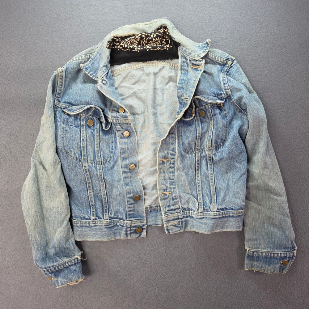 Vintage Lee Riders Denim Jacket Light Wash Bandana Patch Distressed Cropped Boho